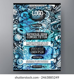 Cartoon vector doodle Marine poster template. Corporate identity for the use on invitations, placards, cards, presentations