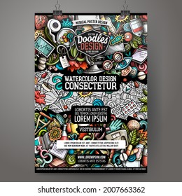 Doodle vectorial de dibujos animados Plantilla de póster de Medicina. Identidad corporativa para el uso en invitaciones, carteles, tarjetas, presentaciones. Diseño divertido de colores y líneas de arte