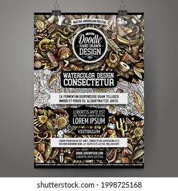 Dibujo vectorial de dibujos animados modelo de afiche nativo americano. Identidad corporativa para el uso en invitaciones, carteles, tarjetas, presentaciones. Diseño divertido de colores y líneas de arte