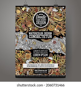 Cartoon vector doodle Native American poster template. Corporate identity for the use on invitations, placards, cards, presentations. Funny colorful and line art design