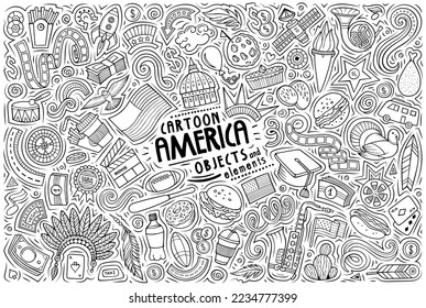 Cartoon vector doodle set of American traditional symbols, items and objects