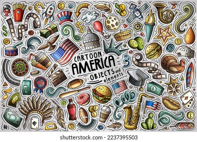 Cartoon vector doodle set of American traditional symbols, items and objects