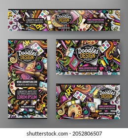 Cartoon vector doodle set of Artist corporate identity templates. Colorful funny banners, id cards, flayer for the use on branding, invitations, cards, apps, web design.