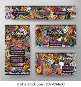 Cartoon vector doodle set of Artist corporate identity templates. Colorful funny banners, id cards, flayer for the use on branding, invitations, cards, apps, web design.