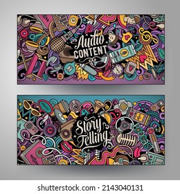 Conjunto de doodles vectores de dibujos animados de plantillas de banners de contenido de audio. Identidad corporativa para uso en invitaciones, tarjetas, aplicaciones, marca, volantes, tarjetas de felicitación, postales, diseño web.