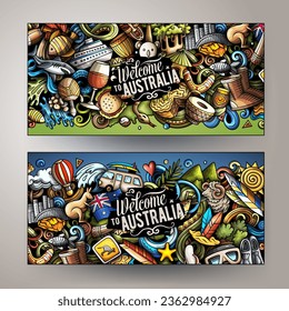Cartoon vector doodle set of Australia corporate identity templates. Funny Australian colorful banners design