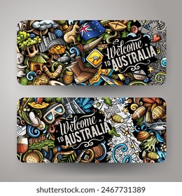 Cartoon vector doodle set of Australia corporate identity templates. Funny Australian colorful and line art banners design