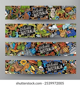 Conjunto de doodle de Vector de dibujos animados de Plantillas de identidad corporativa de Australia. Diseño de Anuncios coloridos australianos divertidos