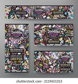Cartoon vector doodle set of Baby corporate identity templates. Colorful funny banners, id cards, flayer for the use on branding, invitations, cards, apps, web design.