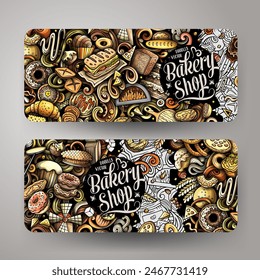 Cartoon vector doodle set of Bakery corporate identity templates. Funny Bakehouse colorful and line art banners design