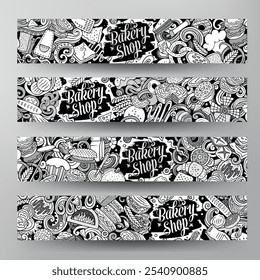 Cartoon vector doodle set of Bakery corporate identity templates. Funny Bakehouse sketchy banners design