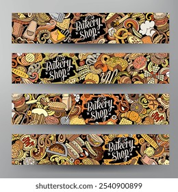 Cartoon Vektor Doodle Satz von Bakery Corporate Identity Vorlagen. Funny Bakehouse bunte Banner Design