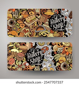 Cartoon Vektor Doodle Satz von Bakery Corporate Identity Vorlagen. Funny Bakehouse bunte und Linie Kunst Banner Design