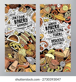 Cartoon vector doodle set of Bakery banners templates. Corporate identity for the use on apps, branding, flyers, web design. Funny Bakehouse colorful illustration. Hand drawn, not AI