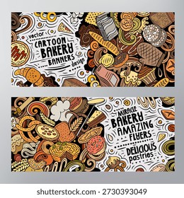 Cartoon vector doodle set of Bakery banners templates. Corporate identity for the use on apps, branding, flyers, web design. Funny Bakehouse colorful illustration. Hand drawn, not AI