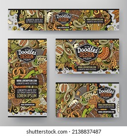 Cartoon vector doodle set of Beer Fest corporate identity templates. Colorful funny banners, id cards, flayer for the use on branding, invitations, cards, apps, web design.