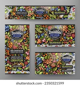 Cartoon Vektordoodle Set von Berries Corporate Identity Templates. Farbige lustige Banner, ID-Karten, Folien für die Verwendung beim Branding, Einladungen, Karten, Apps, Web-Design.