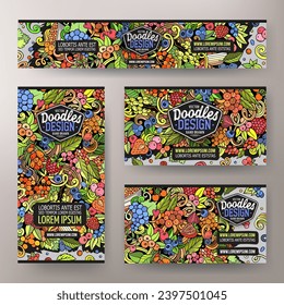 Conjunto de doodles vectores de dibujos animados de las plantillas de identidad corporativa de Berries. Banners coloridos y divertidos, tarjetas de identificación, capas para el uso en marca, invitaciones, tarjetas, aplicaciones, diseño web.