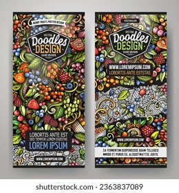 Cartoon vector doodle set of Berry Fruits banners templates. Corporate identity for the use on apps, branding, flyers, web design. Funny natural food colorful illustration.