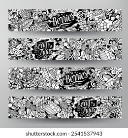 Cartoon vector doodle set of Berry Fruits banners templates. Corporate identity for the use on apps, branding, flyers, web design. Funny natural food sketchy illustration.