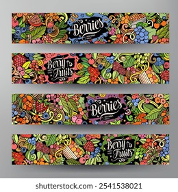 Cartoon vector doodle set of Berry Fruits banners templates. Corporate identity for the use on apps, branding, flyers, web design. Funny natural food colorful illustration.