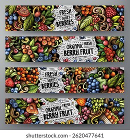 Cartoon vector doodle set of Berry Fruits banners templates. Corporate identity for the use on apps, branding, flyers, web design. Funny natural food colorful illustration.