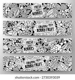 Vector de dibujos animados doodle conjunto de Plantillas de Anuncios de frutas de la baya. Identidad Corporativa para el uso en App, branding, flyers, Diseño web. Divertida línea de comida natural ilustración. Dibujado a mano, no AI