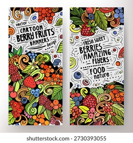 Vector de dibujos animados doodle conjunto de Plantillas de Anuncios de frutas de la baya. Identidad Corporativa para el uso en App, branding, flyers, Diseño web. Divertida ilustración colorida de comida natural. Dibujado a mano, no AI