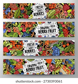 Cartoon Vektor Doodle Set von Berry Fruits Banner Vorlagen. Corporate Identity für den Einsatz auf Apps, Branding, Flyern, Webdesign. Lustige natürliche Lebensmittel bunte Illustration. Handgezeichnet, nicht KI