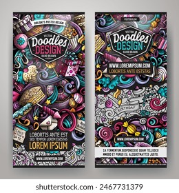 Conjunto de garabatos de Vector de dibujos animados de Plantillas de Anuncios de cumpleaños. Identidad Corporativa para el uso en invitaciones, tarjetas, App, branding, flyers, tarjetas de felicitación, postales, Diseño web. Colorido divertido