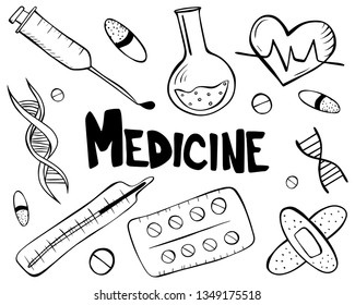 Cartoon vector doodle set. Black, white pills, dna, band aid, flask, syrigne, heart rate isolated on background. Unique abstract texture for wrapping paper, textile, other design. Medicine, healthcare