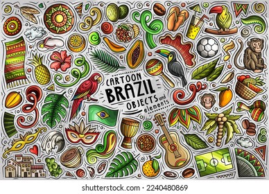 Cartoon vector doodle set of Brazilian traditional symbols, items and objects