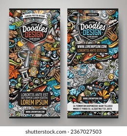 Cartoon vector doodle set of Canada corporate identity templates. Funny Canadian colorful and line art banners design