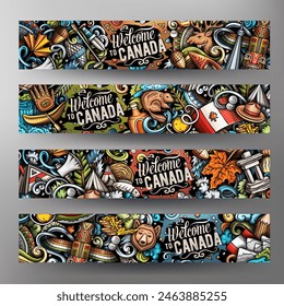 Cartoon vector doodle set of Canada corporate identity templates. Funny Canadian colorful banners design