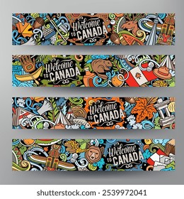 Conjunto de doodle de Vector de dibujos animados de Plantillas de identidad corporativa de Canadá. Diseño de Anuncios coloridos canadienses divertidos