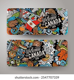 Conjunto de doodle de Vector de dibujos animados de Plantillas de identidad corporativa de Canadá. Divertido diseño de Anuncios de arte canadiense colorido y de línea