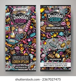 Cartoon vector doodle set of Candies corporate identity templates. Funny Sweet food colorful and line art banners design