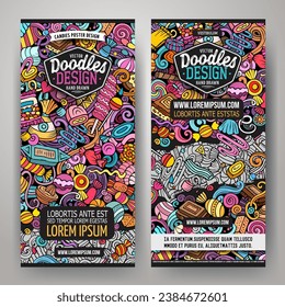 Cartoon vector doodle set of Candies corporate identity templates. Funny Sweet food colorful and line art banners design