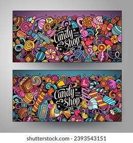 Cartoon vector doodle set of Candies corporate identity templates. Funny Sweet food colorful banners design