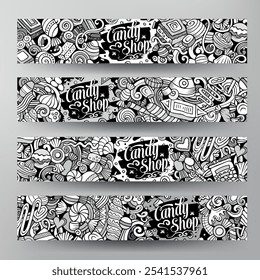 Conjunto de doodle de Vector de dibujos animados de Plantillas de identidad corporativa de caramelos. Divertido Diseño de Anuncios de arte de línea y sketchy de comida dulce