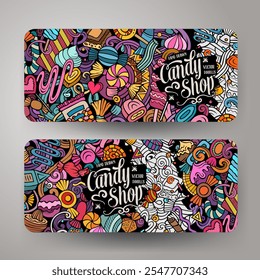 Conjunto de doodle de Vector de dibujos animados de Plantillas de identidad corporativa de caramelos. Diseño divertido de Anuncios de arte de línea y coloridos de comida dulce