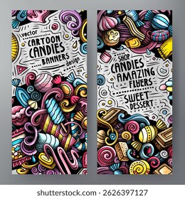 Cartoon vector doodle set of Candies banners templates. Corporate identity for the use on apps, branding, flyers, web design. Funny colorful illustration.