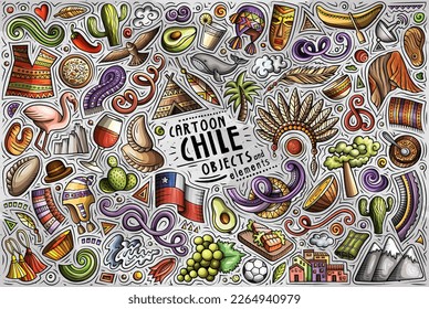 Cartoon vector doodle set of Chile traditional symbols, items and objects