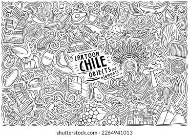 Cartoon vector doodle set of Chile traditional symbols, items and objects