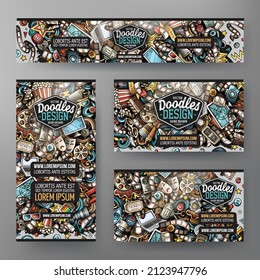 Cartoon vector doodle set of Cinema corporate identity templates. Colorful funny banners, id cards, flayer for the use on branding, invitations, cards, apps, web design.