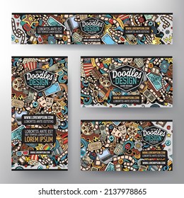 Cartoon vector doodle set of Cinema corporate identity templates. Colorful funny banners, id cards, flayer for the use on branding, invitations, cards, apps, web design.