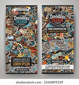 Cartoon vector doodle set of Cinema banners templates. Corporate identity for the use on invitations, cards, apps, branding, flyers, greeting cards, postcards, web design. Funny colorful illustration.