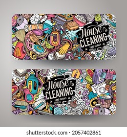 Conjunto de doodles vectores de dibujos animados de plantillas de banners de limpieza. Identidad corporativa para uso en invitaciones, tarjetas, aplicaciones, marca, volantes, tarjetas de felicitación, postales, diseño web. 