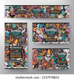 Cartoon Vektordoodle Set von Putz-Corporate Identity-Vorlagen. Farbige lustige Banner, ID-Karten, Folien für die Verwendung beim Branding, Einladungen, Karten, Apps, Web-Design.