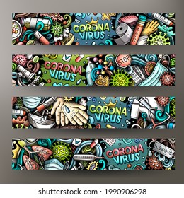 Cartoon vector doodle set of Coronavirus banners templates. Corporate identity for the use on apps, branding, flyers, web design. Funny colorful illustration.